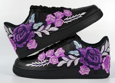 Pre-owned Nike Air Force 1 Custom Shoes Black Purple Rose Floral Mens Size 9 Womens 10.5