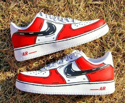 Pre-owned Nike Air Force 1 Custom Low Cartoon Chicago Red Shoes White Black Outline Mens
