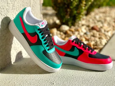 Pre-owned Nike Air Force 1 Custom Shoes Low South Beach Miami Vice Pink Teal Black White