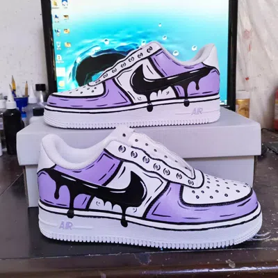 Pre-owned Nike Air Force 1 Custom Shoes White 'lilac Purple Black Drip Cartooon' Mens Size 10
