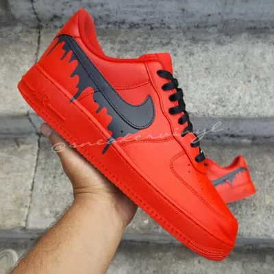 Pre-owned Nike Air Force 1 Custom Hand Painted Sneakers Triple Red Black Drip Shoes Art