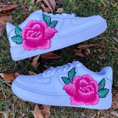 Pre-owned Nike Air Force 1 Low Custom White Shoes Pink Rose Embroidery Floral Mens Womens