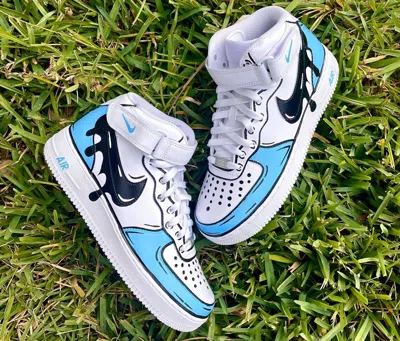 Pre-owned Nike Air Force 1 Mid Custom "blue Cartoon Black Swoosh Drip" Mens Kids Womens Shoes In White