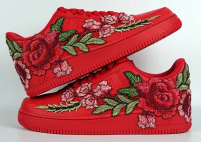 Pre-owned Nike Air Force 1 "triple Red Long Floral Rose" Flower Custom Shoes Mens Womens