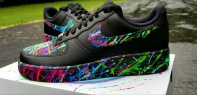Pre-owned Nike Air Force One Low Triple Black Custom Size 12 Men Neon Splatter