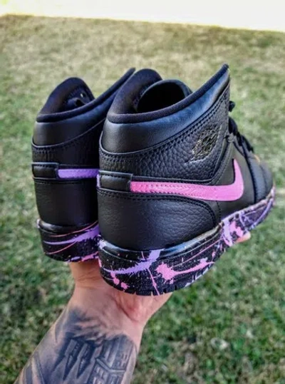 Pre-owned Nike Air Jordan 1 Mid Women Gs Shoes Pink Black Lilac Custom Aj1 In Purple