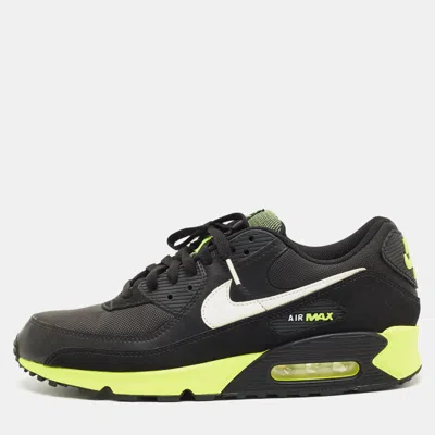 Pre-owned Nike Air Jordans Black Canvas And Nubuck Leather Air Max 90 Black Hot Lime Sneakers Size 45.5