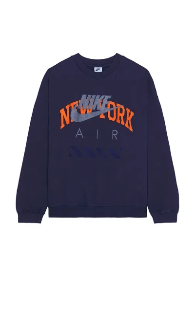 Nike Air New York Crew Neck Sweatshirt In Blue Void  Safety Orange  & White