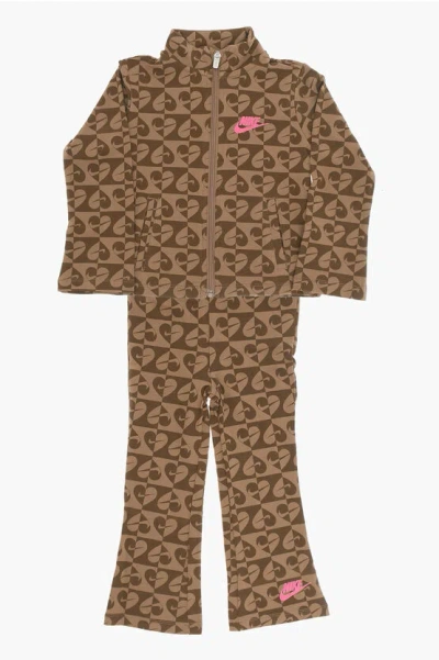 Nike Kids' All-over Printed Flared Trousers And Sweatshirt Set In Brown