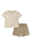 Nike Allover Logo T-shirt & Mesh Shorts Set In Khaki