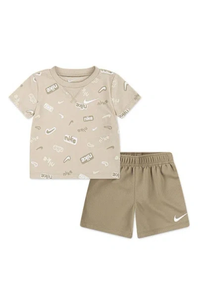 Nike Babies'  Allover Logo T-shirt & Mesh Shorts Set In Khaki
