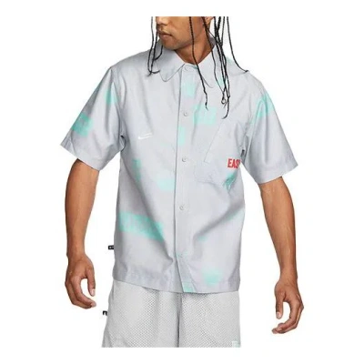 Nike Alphabet Printing Single Breasted Lapel Short Sleeve Shirt Gray In Blue