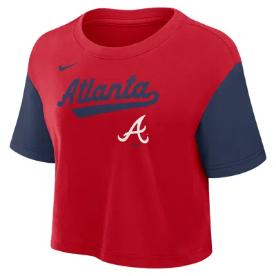 Nike Women's Red/navy Atlanta Braves Script Cropped Performance T-shirt In Red,navy