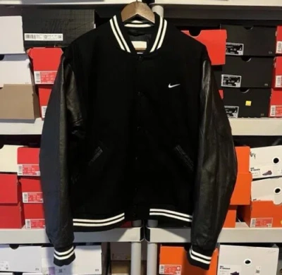 Pre-owned Nike Authentics Varsity Bomber Jacket Black Leather Fd7845-010 Men's Medium $500