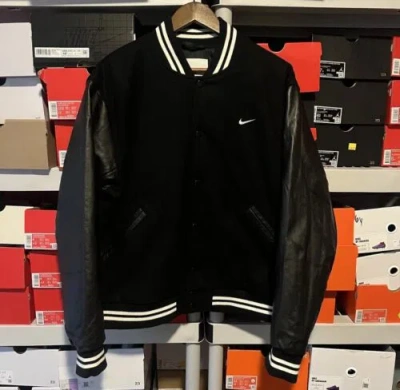 Pre-owned Nike Authentics Varsity Jacket Black Leather $500 Msrp Fd7845-010 Men's L Large