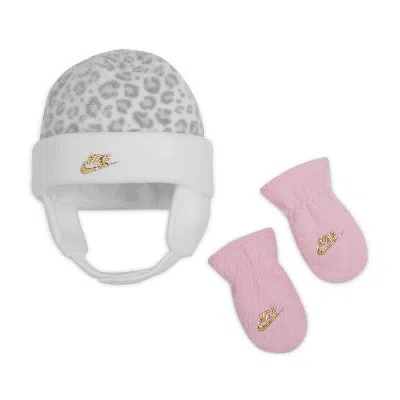 Nike Baby Girl's Swoosh Logo Leopard Print Hat & Mittens Set In White
