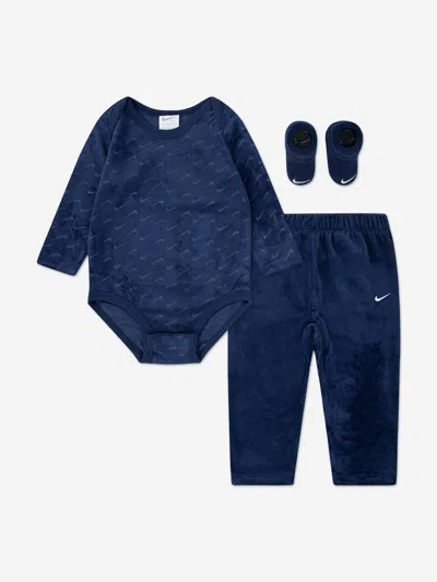 Nike Kids' Baby 3 Piece Velour Swoosh Bodysuit Set In Blue