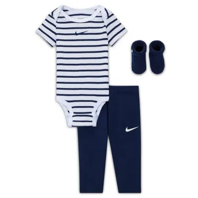 Nike Baby Bodysuit, Pants, And Terry Socks 3-piece Set In Blue