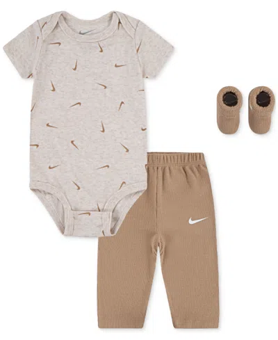 Nike Baby Boy Bodysuit, Waffle Pants & Socks, 3 Piece Gift Set In Brown