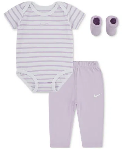 Nike Baby Boy Or Girl Bodysuit, Pants & Terry Socks, 3 Piece Gift Set In Purple