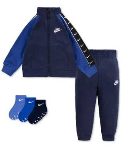 Nike Baby Boys 2 Piece Zip Up Tricot Tracksuit 3 Pack Gripper Ankle Socks In Midnight Navy