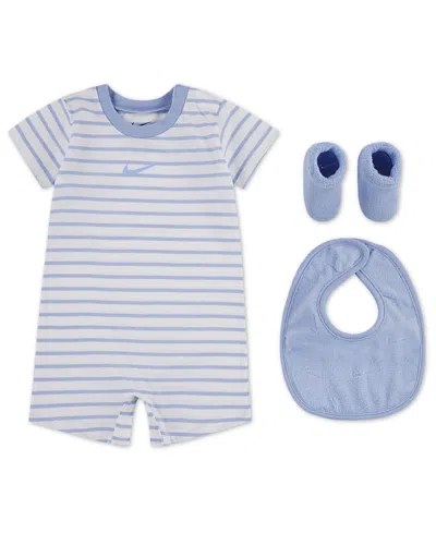 Nike Baby Boys' And Baby Girls' Crewneck Romper, Bib And Booties, 3-piece Set In Blue
