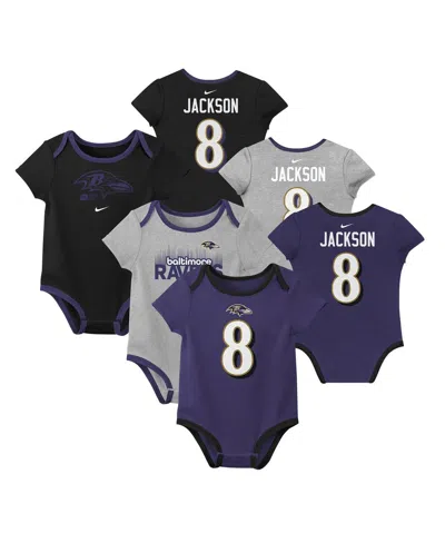 Nike Baby Boys And Girls Lamar Jackson Baltimore Ravens Name Number 3-pack Bodysuit Set In Purple
