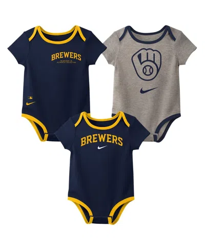 Nike Baby Boys And Girls Milwaukee Brewers Authentic Collection 3-pack Bodysuit Set In Navy,gray