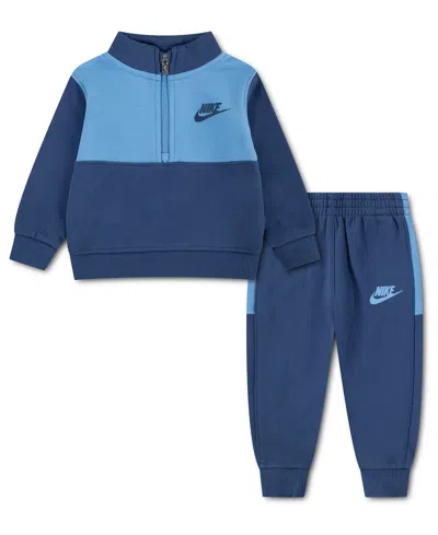 Nike Baby Boys' Color-blocked Fleece Quarter-zip Sweatshirt And Pants, 2-piece Set In Blue