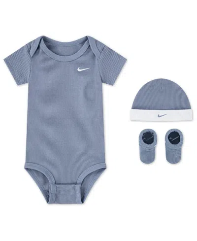 Nike Baby Boys Or Girls 3-piece Short-sleeve Bodysuit, Booties And Hat Set In Blue