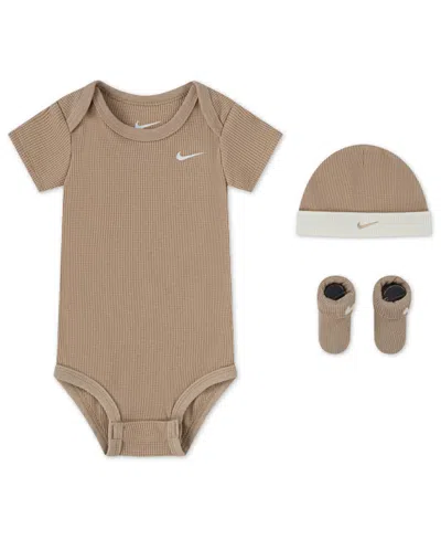 Nike Baby Boys Or Girls 3-piece Short-sleeve Bodysuit, Booties And Hat Set In Brown