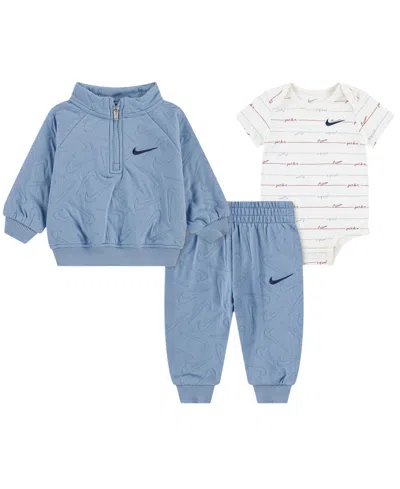 Nike Baby Boys' Ready. Set. Grow. Quarter-zip Striped Sweatshirt, Bodysuit And Pants, 3-piece Set In Blue