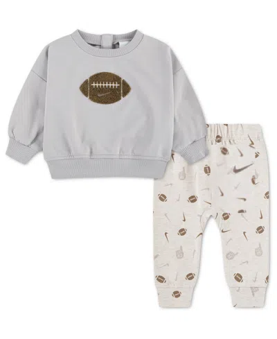 Nike Kids' Baby Boys' Readyset Grow Basketball Crewneck Long-sleeve Top And Pants, 2-piece Set In Gray