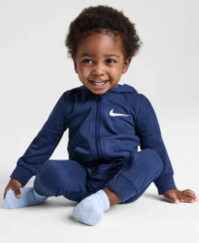 Nike Baby Essentials Hooded French Terry Coverall 3 Pack Core Ankle Gripper Socks In Cobalt