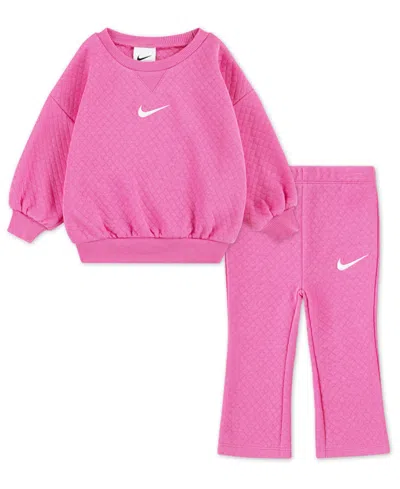 Nike Baby Girls Diamond Long-sleeve Sweatshirt And Flare Pants, 2-piece Set In Pink