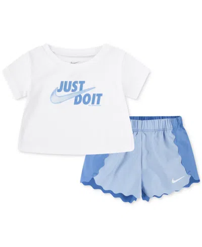 Nike Baby Girls Dri-fit Swoosh Motion T-shirt & Shorts, 2 Piece Set In Psychic Blue