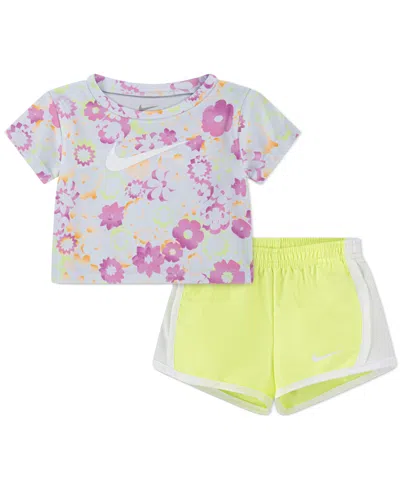 Nike Baby Girls Dri-fit T-shirt & Colorblocked Tempo Shorts, 2 Piece Set In Eek Lt