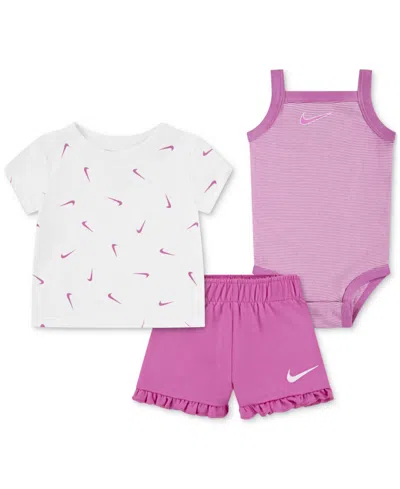 Nike Baby Girls Essentials T-shirt, Bodysuit & Ruffled Shorts, 3 Piece Set In Playful Pink