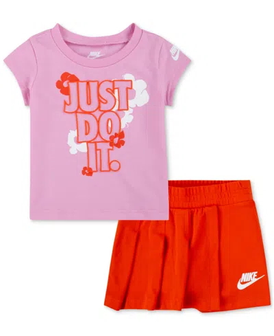 Nike Baby Girls Logo T-shirt & Pleated Skort, 2 Piece Set In Ropicante