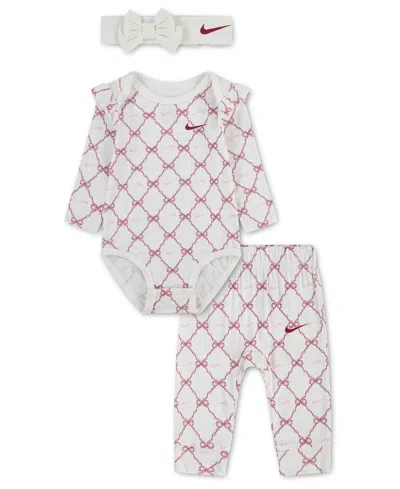 Nike Baby Girls' Long-sleeve Bow-print Bodysuit, Pants And Headband, 3-piece Set In White
