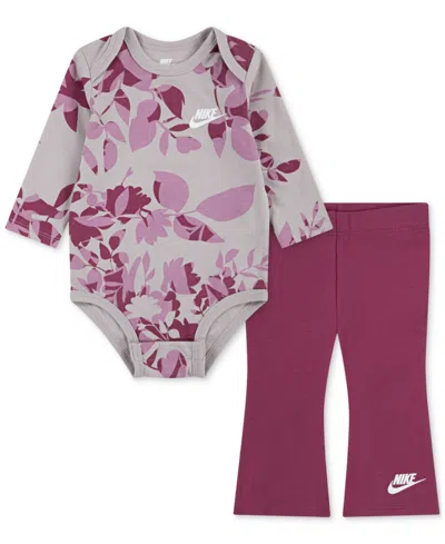 Nike Baby Girls Printed Bodysuit & Flare Leggings, 2 Piece Set In Pink