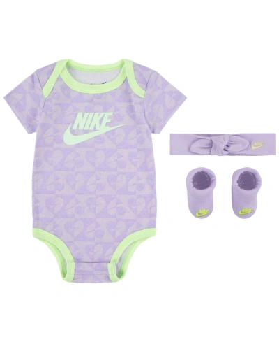 Nike Baby Girls Printed Bodysuit With Booties And Headband Set In Lilac Bloom