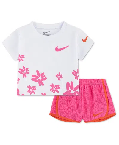 Nike Baby Girls' Short-sleeve T-shirt And Shorts, 2-piece Set In Blue