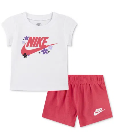 Nike Baby Logo T-shirt & Mesh Shorts, 2 Piece Set In Aster Pink