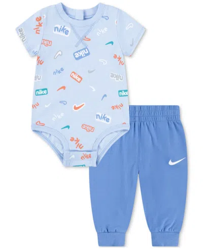 Nike Baby Printed Bodysuit & French Terry Pants, 2 Piece Set In Blue Beyond