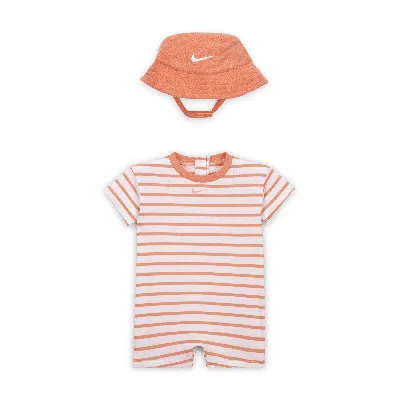 Nike Baby Short Sleeve Romper With Bucket Hat In Orange
