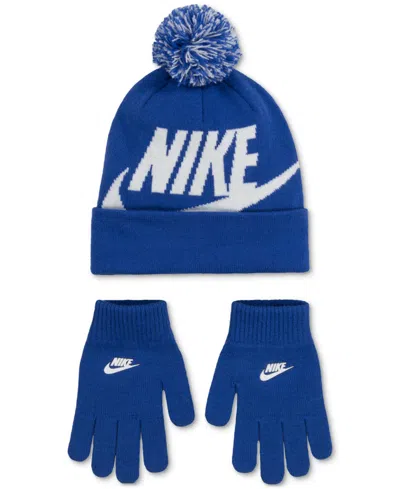 Nike Kids' Big Boys 2-piece Swoosh Beanie And Gloves Set In Blue