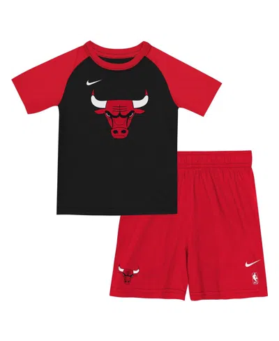 Nike Kids' Big Boys And Girls 2-piece Red/black Chicago Bulls Practice T-shirt And Shorts Set