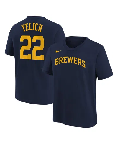 Nike Kids' Big Boys And Girls Christian Yelich Navy Milwaukee Brewers Home Player Name Number T-shirt