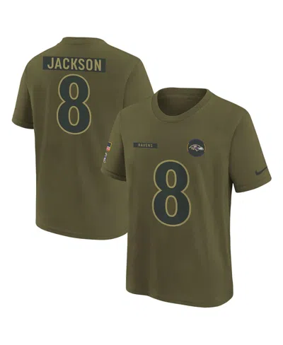 Nike Kids' Big Boys And Girls Lamar Jackson Olive Baltimore Ravens 2025 Salute To Service Name Number T-shirt In Green